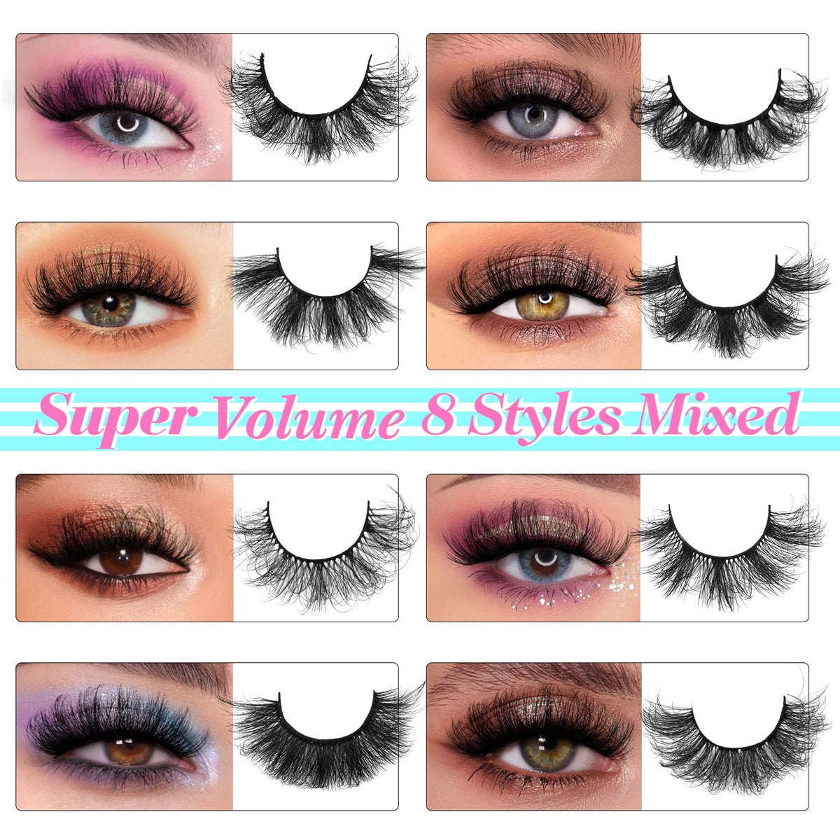 48 Pairs Mink Lashes Thick Eyelashes 8 Styles Mixed Dramatic Long Faux Mink Eye lashes Pack 10D