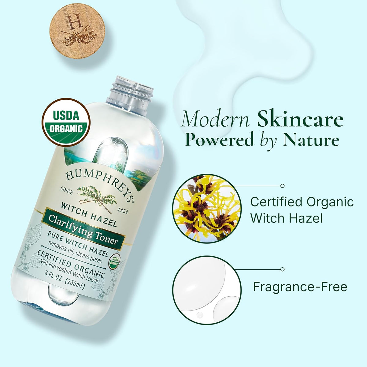 Humphreys Witch Hazel Clarifying Toner | Wild Harvested Witch Hazel | USDA Organic | Natural |