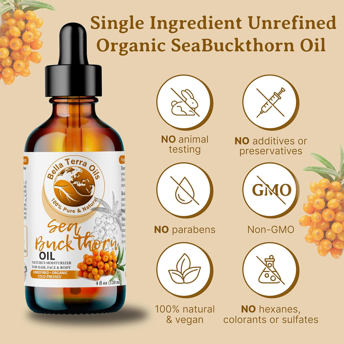 Bella Terra Oils - Organic Sea Buckthorn Oil 8oz - Cold-Pressed Treasure, Bursting with Omega-3 &