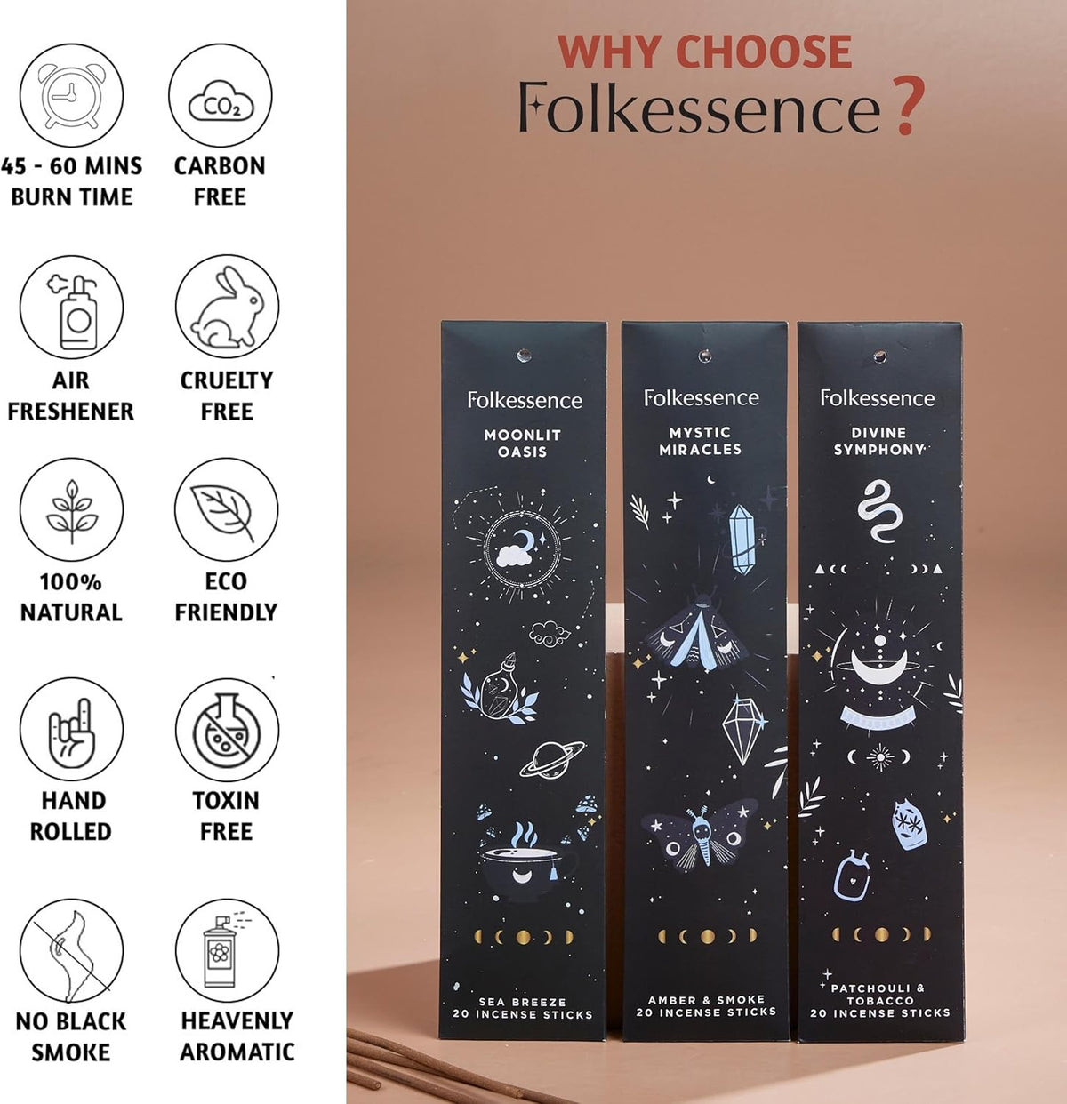 Folkulture Set of 6 Incense Sticks | 120 Organic Insence Sticks - Non Toxic Palo Santo &