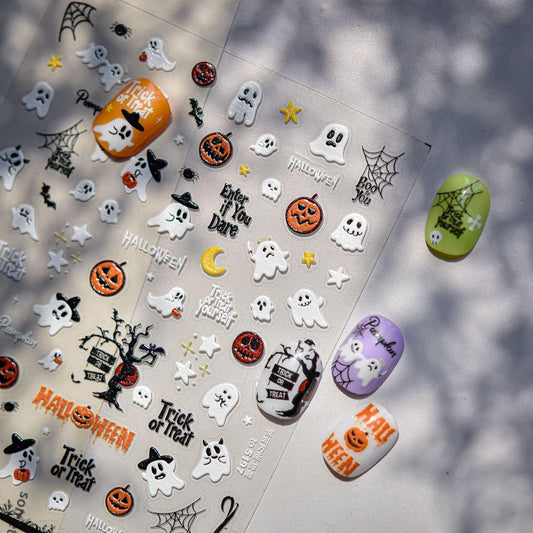 1 Sheet Halloween Nail Sticker 5D Embossed Ghost Nail Decals 3D Self-Adhesive Pumpkin Spider Wed