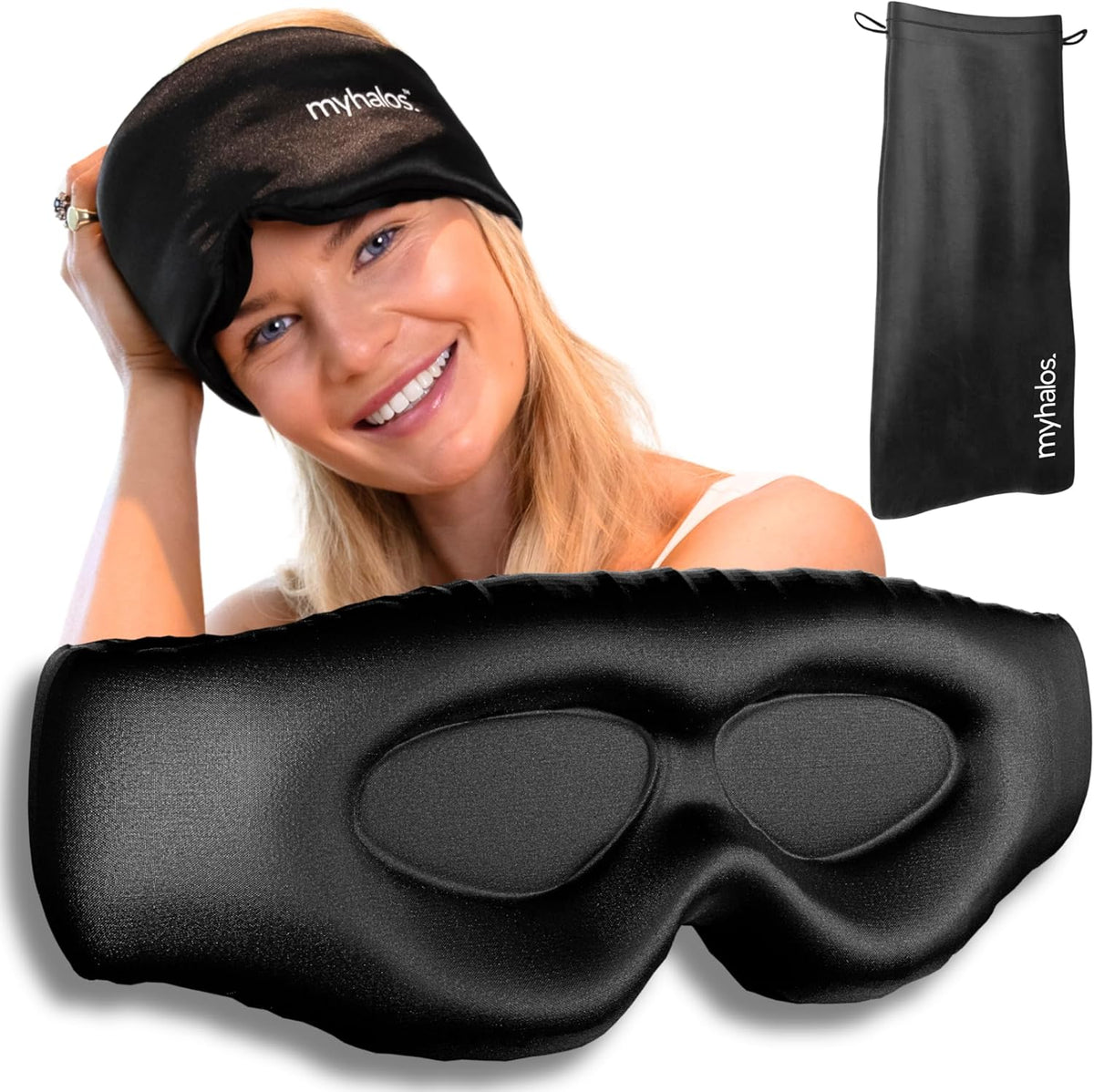 MyHalos 3D Mulberry Silk Sleep Mask for Women & Men with Cups, Blackout - Silk Eye Masks for Sleep
