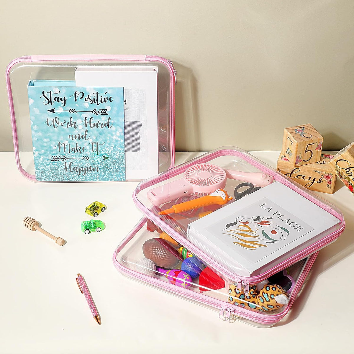 Hoolerry 3 Pcs Clear Hard Zipper Case Plastic Pouch Transparent Hard Case Clear Makeup Bag Portable