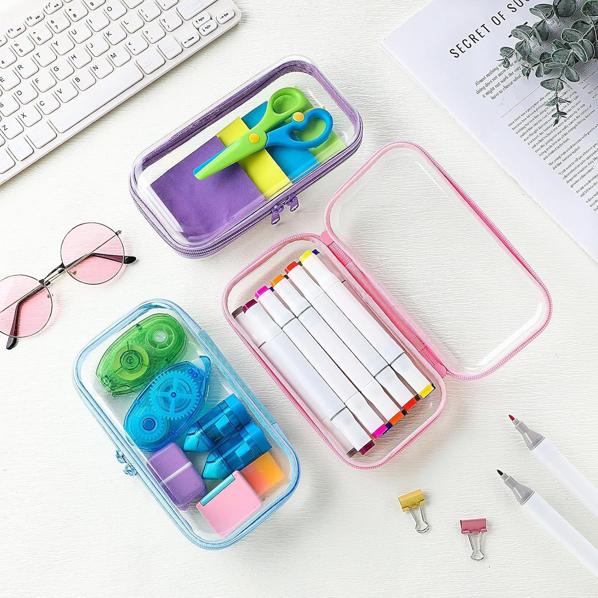 Hoolerry 3 Pcs Clear Hard Zipper Case Plastic Pouch Transparent Hard Case Clear Makeup Bag Portable