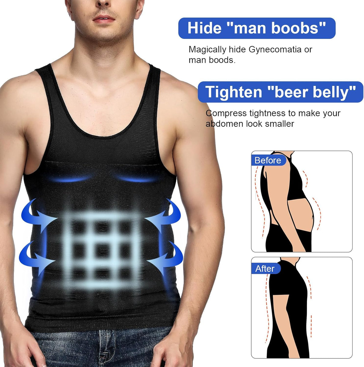 Odoland 5 Pack Men's Compression Shirt Short Sleeve Vest Set, Body Shaper Shapewear Tank Top Base