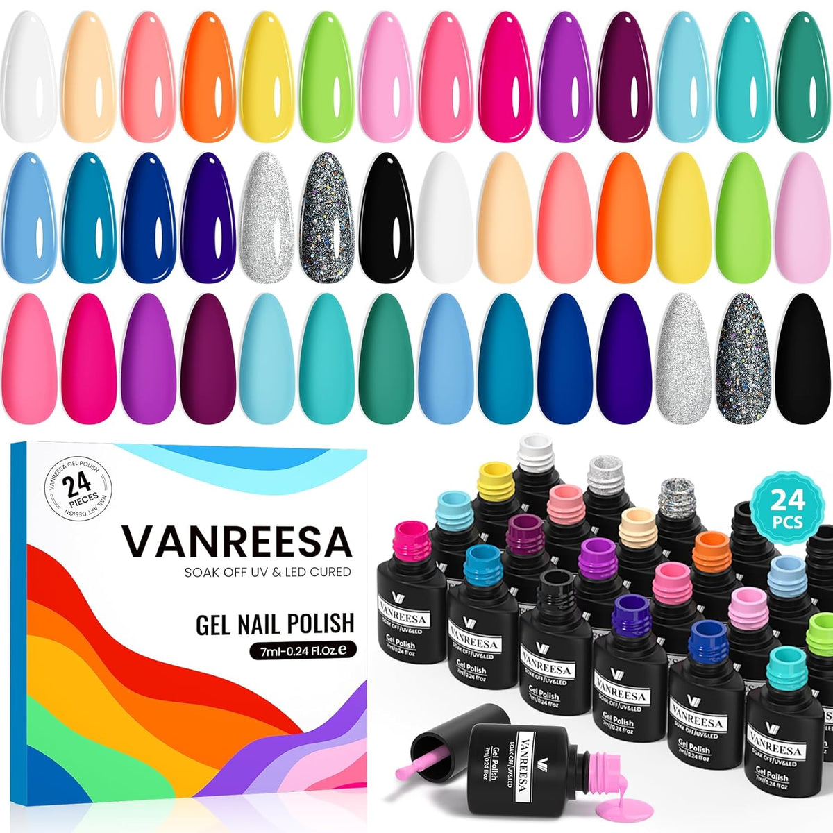 VANREESA 24 Pcs Gel Nail Polish Set, 21 Colors Gel Polish with Base Coat Glossy & Matte Top Coat