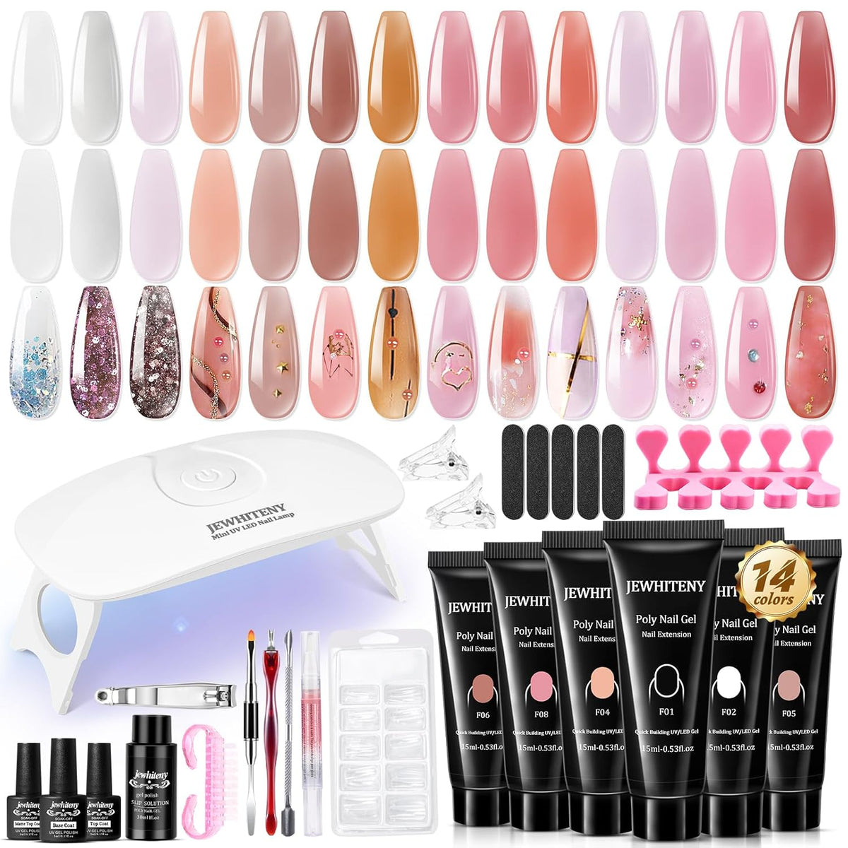 JEWHITENY 14 PCS Poly Nail Gel Kit Poly Extension Gel Kit Starter Kit With Slip Solution