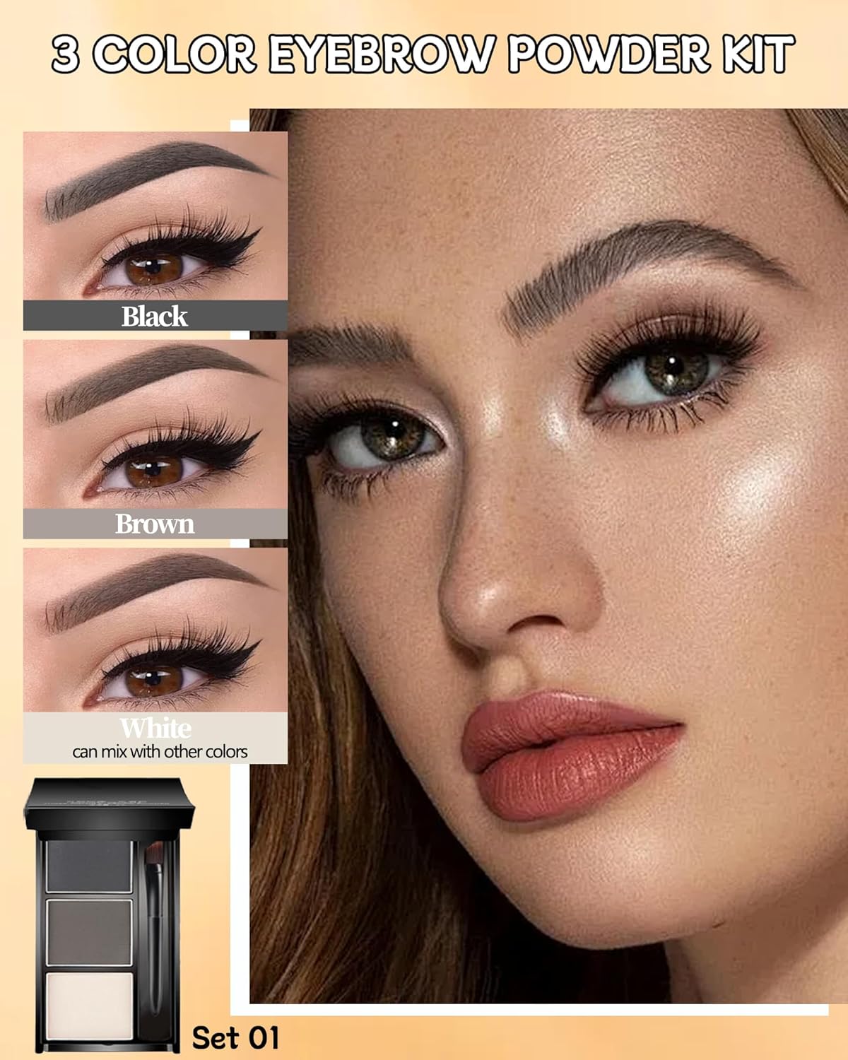 Eyebrow Powder Makeup Kit, 3 in 1 Eyebrow Kit, Brow Powder Palette Waterproof Long-Lasting, Black