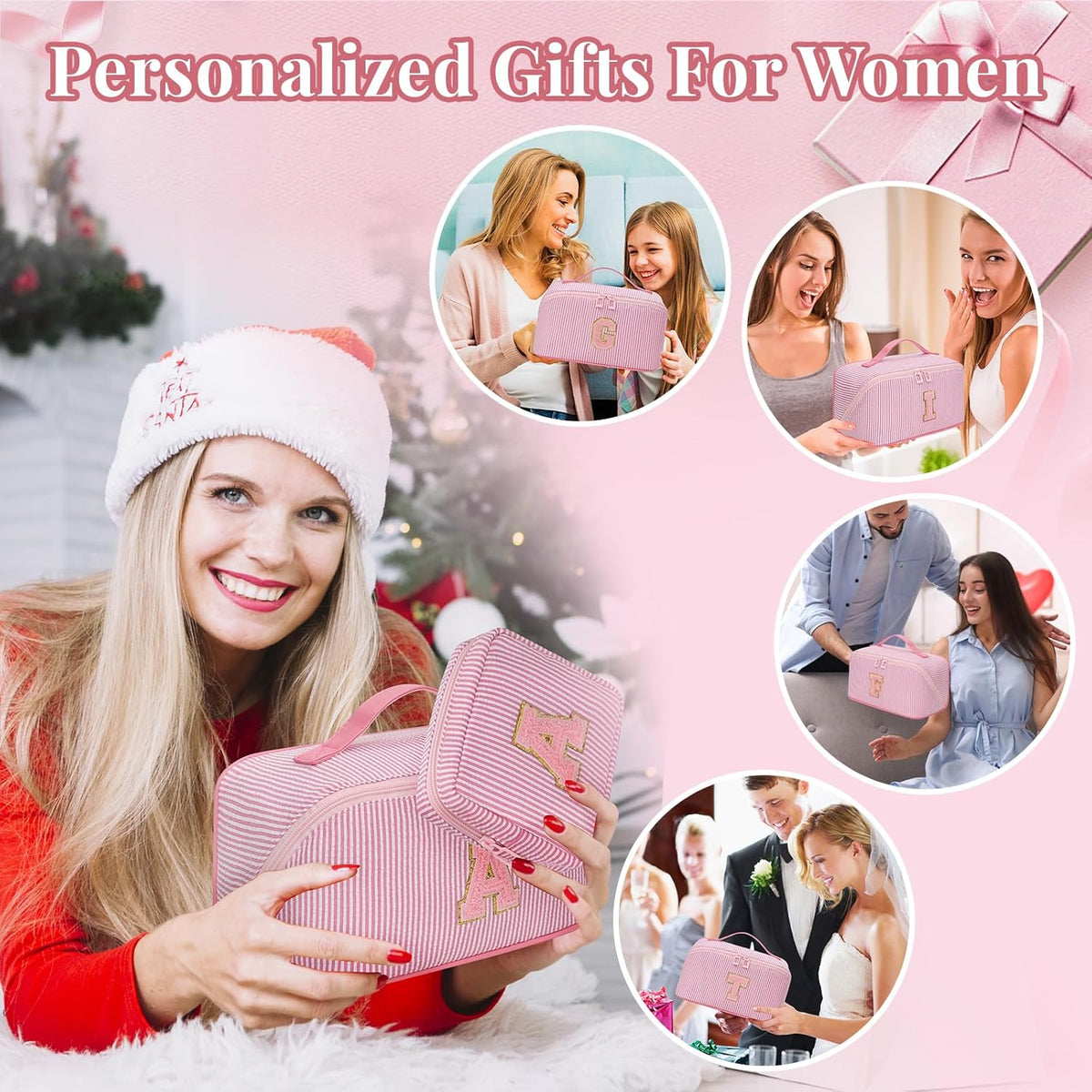 Travel Makeup Bag for Women, 2Pcs Portable Personalized Initial Makeup Organizer Bag, Open Flat