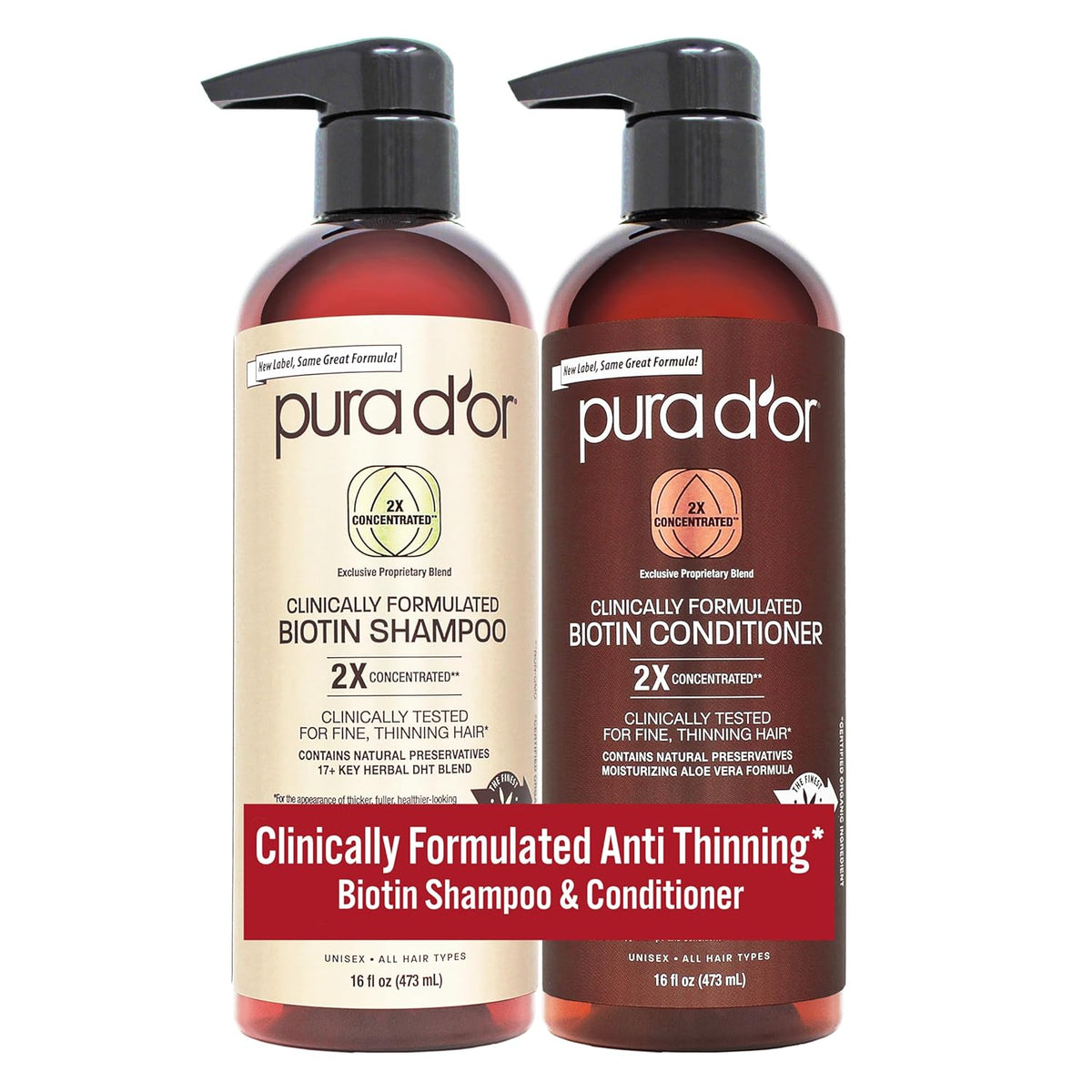 PURA D'OR Clinically Formulated Biotin Shampoo & Conditioner For Hair Thinning - 2X Concentrated