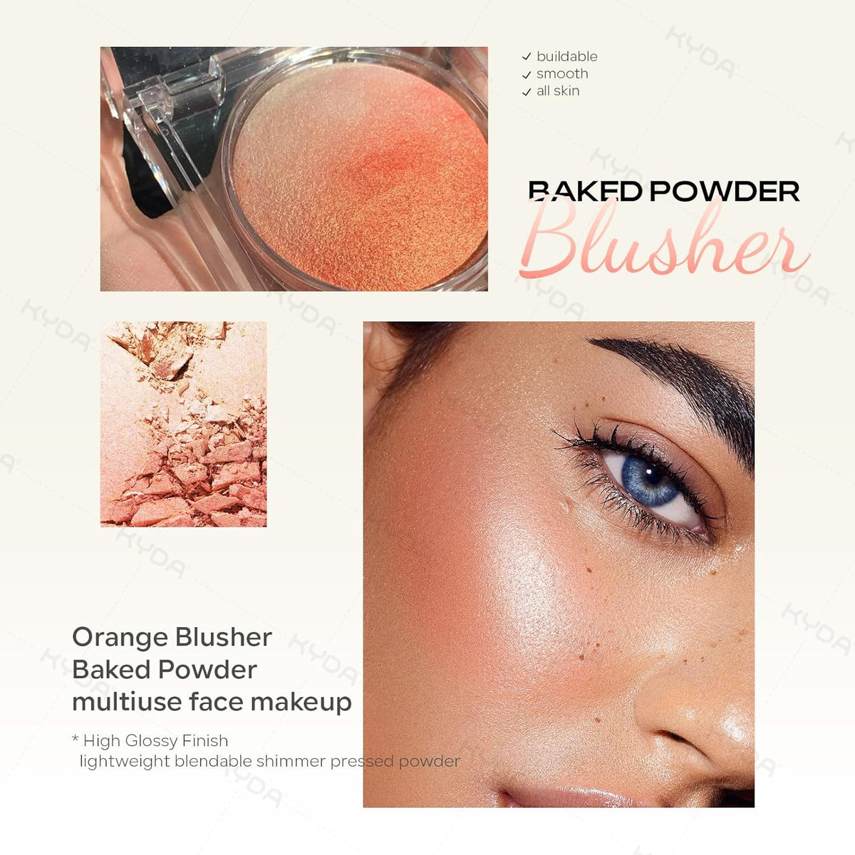 KYDA Baked Blush, Orange Glow Powder for Blush and Highlighter, High Glossy Finish, Lightweight