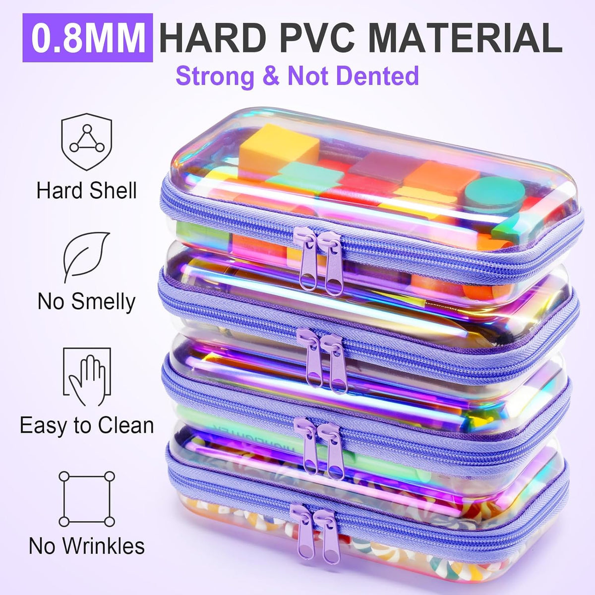 Hoolerry 4 Pcs Hard Clear Zipper Case Makeup Bags Plastic Pencil Pouch Transparent Storage Box
