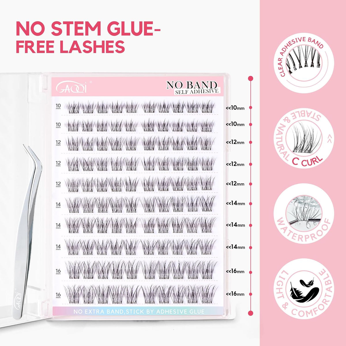 GAQQI Self Adhesive Eyelash Clusters, Natural Look No Glue Lashes 10-16mm, No Band Self Adhesive