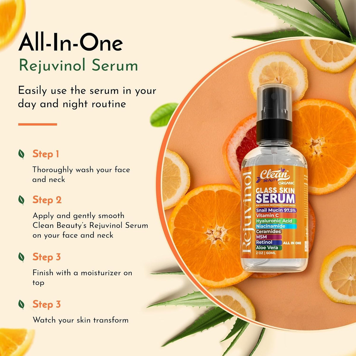 Clean Beauty Snail Mucin Serum Vitamin C Face Serum Anti Aging with Hyaluronic Acid Niacinamide