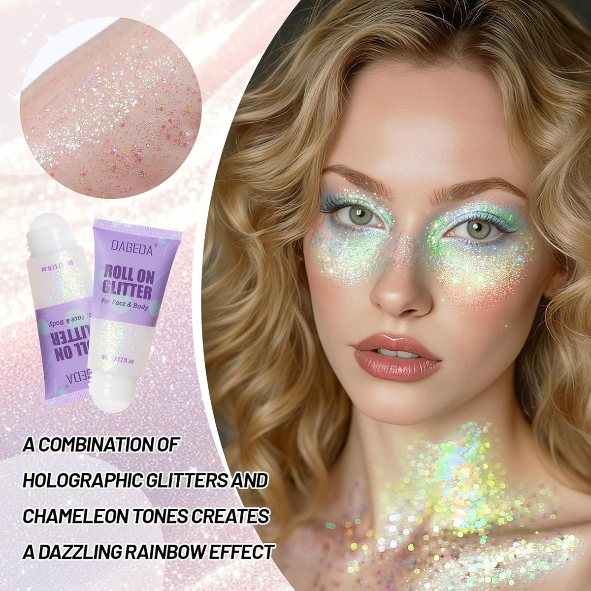DAGEDA Roll-on Body Glitter,Holographic Eye Face Hair Glitter Gel for Festival Outfit Mermaid