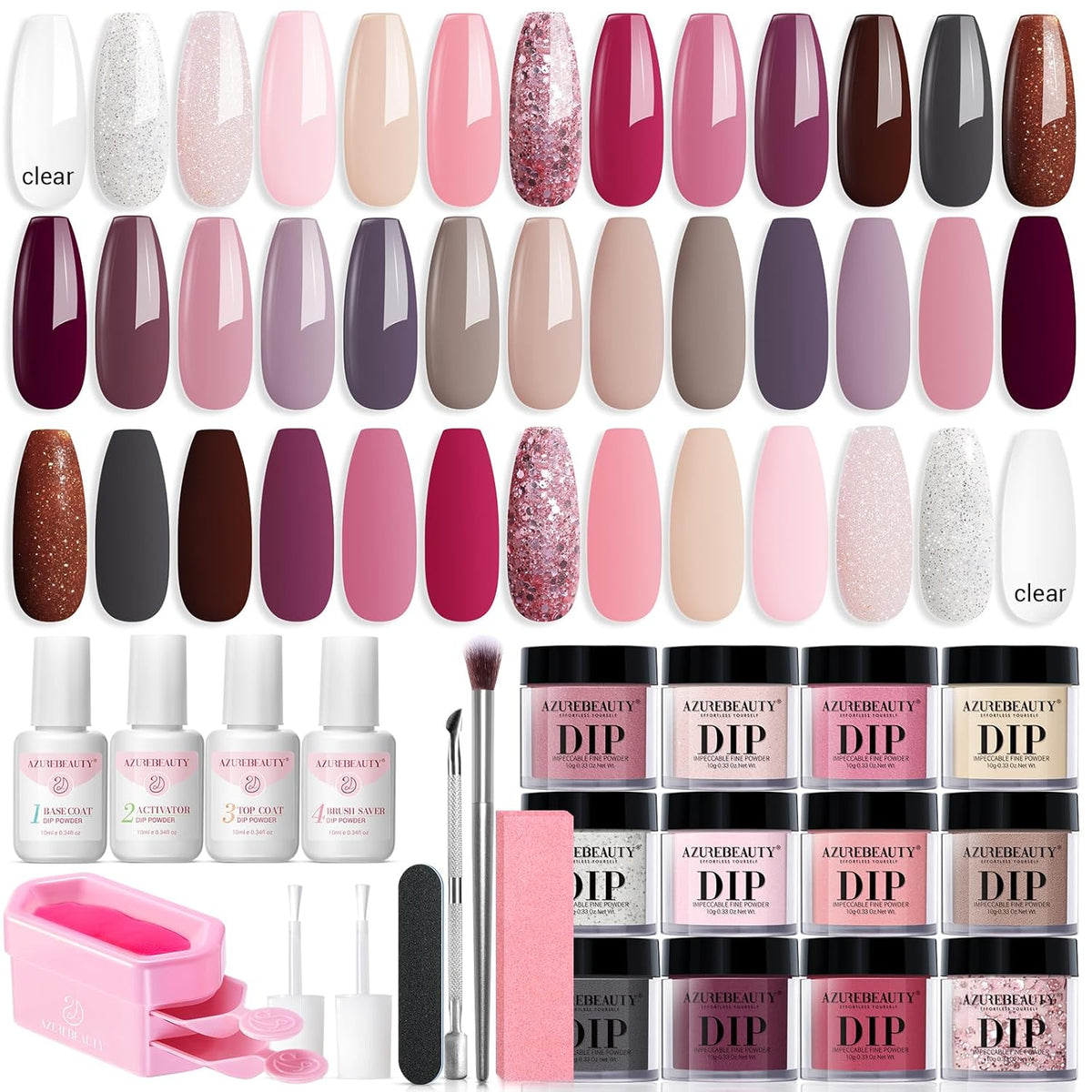 AZUREBEAUTY 31 Pcs Dip Powder Nail Kit Starter 20 Colors Clear Nude Pink Brown Glitter All Season