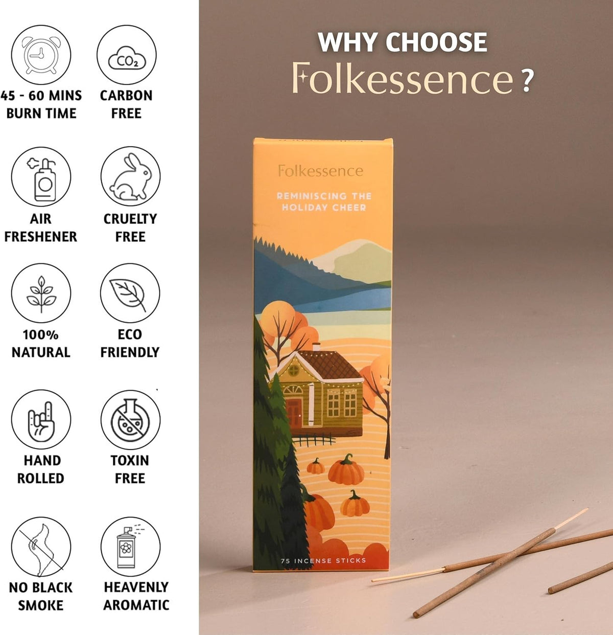 Folkulture Incense Stick | Pack of 75 Organic Fall Incense Sticks for Meditation | 45 Mins Burn
