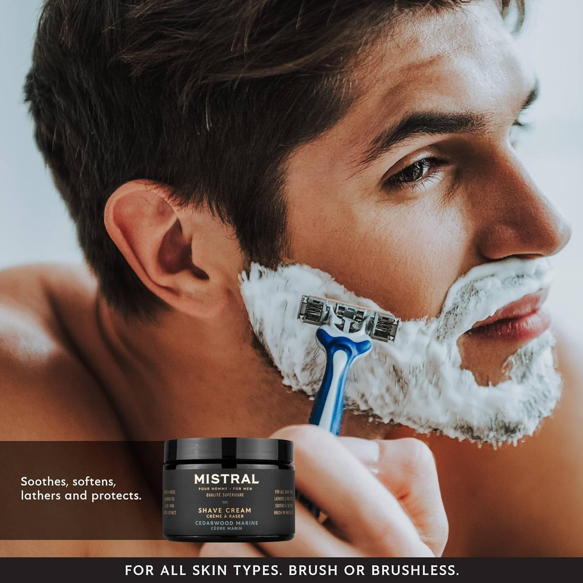 Mistral Cedarwood Marine Shaving Cream for Men | Smooth Triple Layered Foam | Men’s Shave Cream