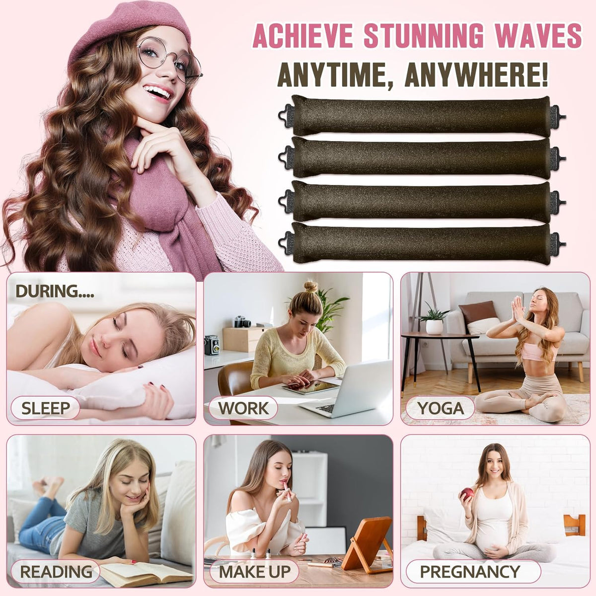 Heatless Curls Overnight, 4 Pcs No Heat Curling Blowout Rod, Satin Blowout Look Heatless Hair