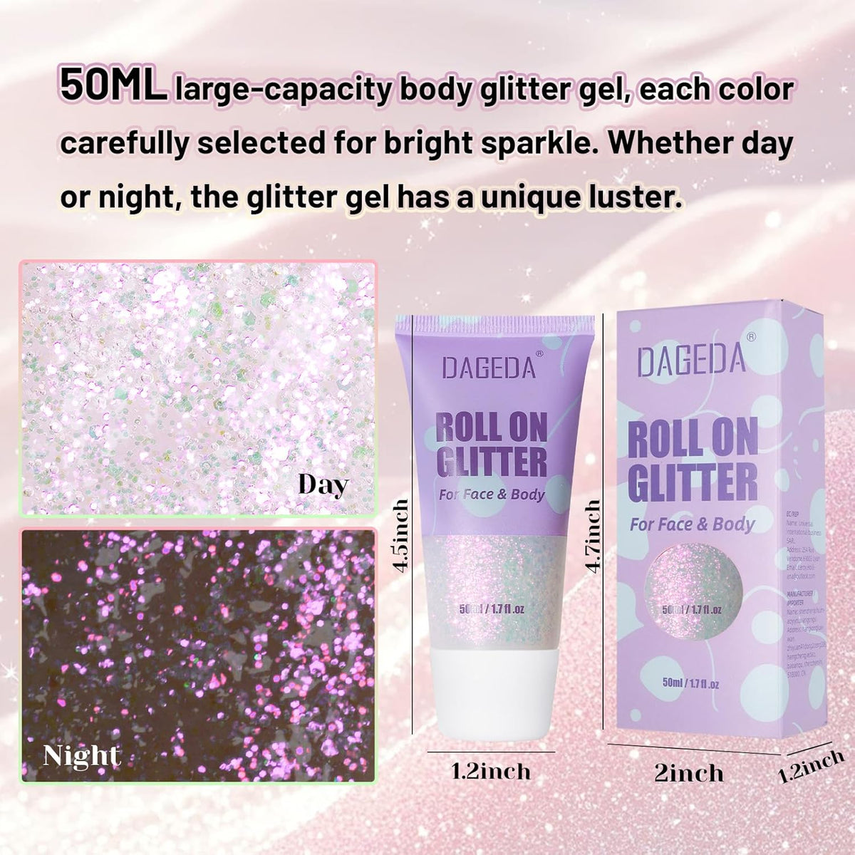 DAGEDAl Roll-on Body Glitter,Holographic Eye Face Hair Glitter Gel for Festival Outfit Mermaid