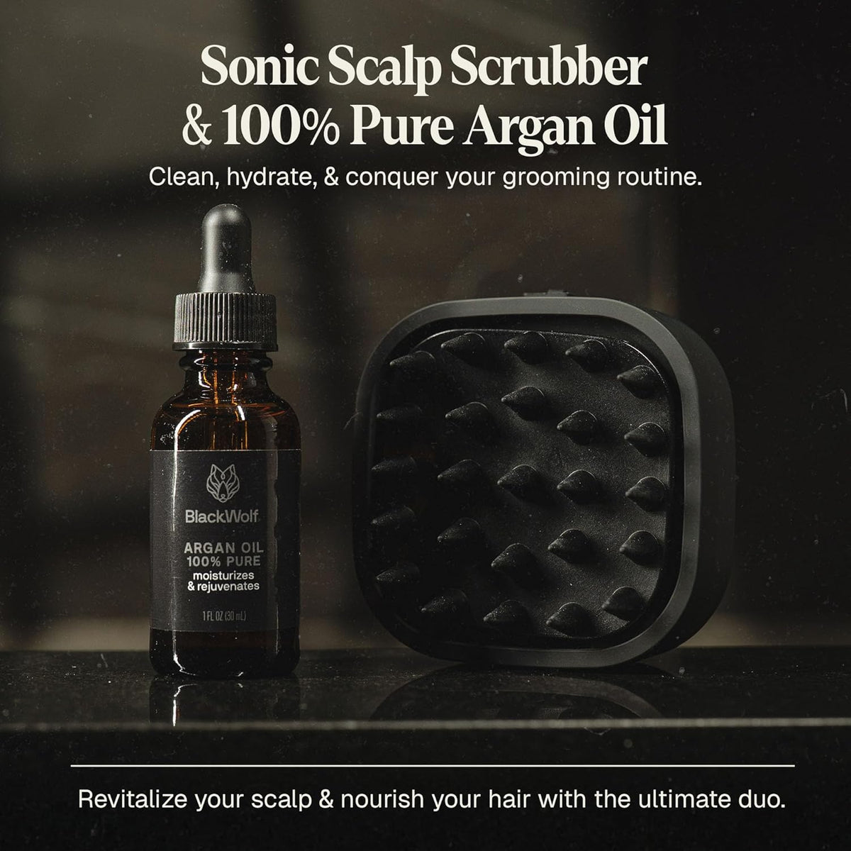 Black Wolf Sonic Scalp Head Massager & 100% Pure Argan Oil Bundle - Hair Care Products for Healthy