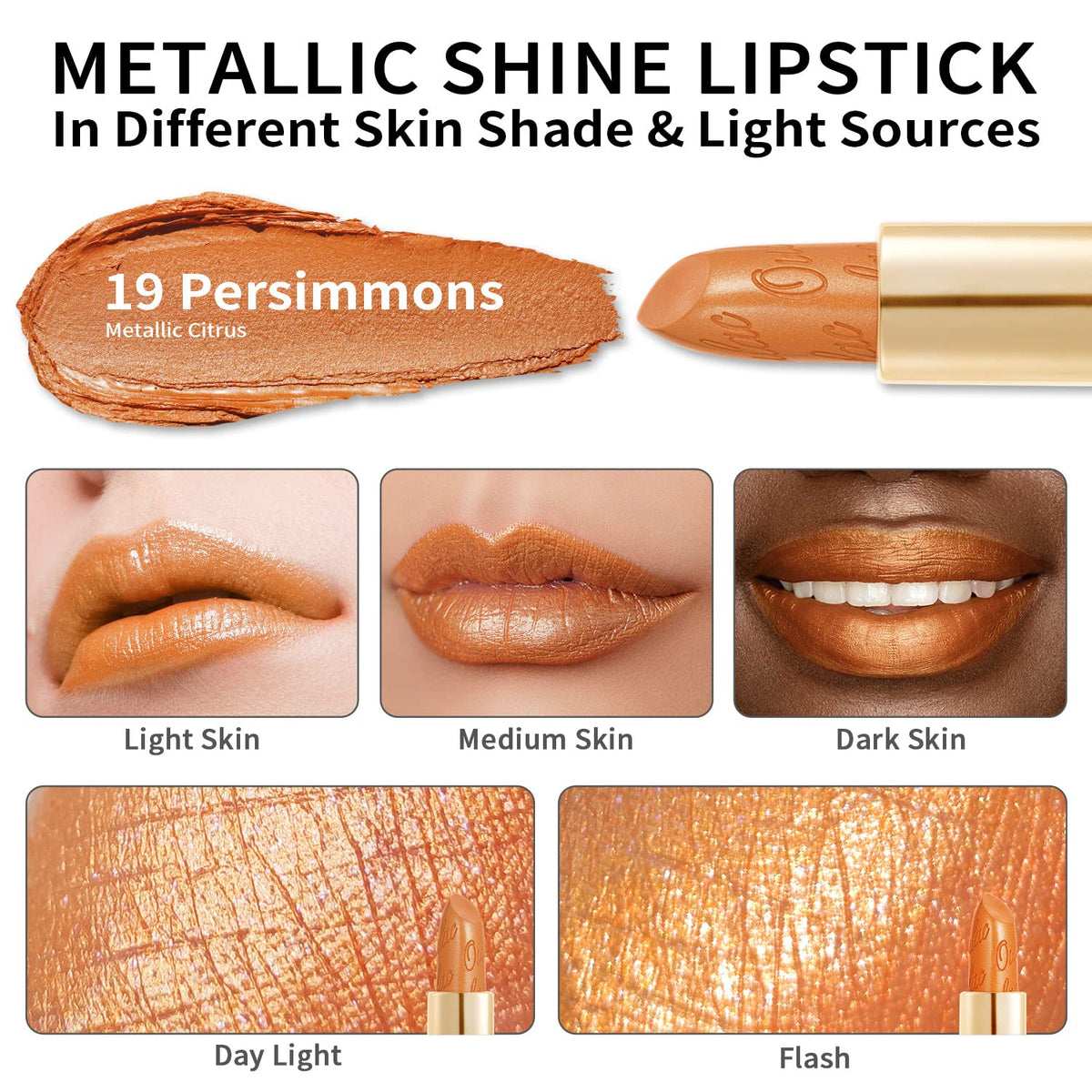 Oulac Pumpkin Color Lipstick with Metallic 3D Shine Hydrating Formula, High Impact Lip Color, Vegan