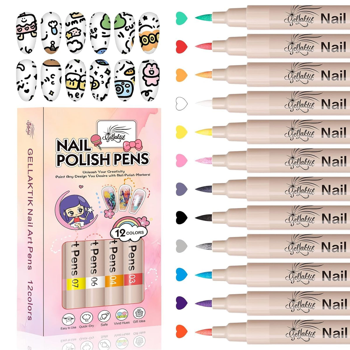 12 Colors Nail Art Pens Set, 3D Nail Polish Pens Quick-Drying Acrylic Paint Markers, Dotting Liner
