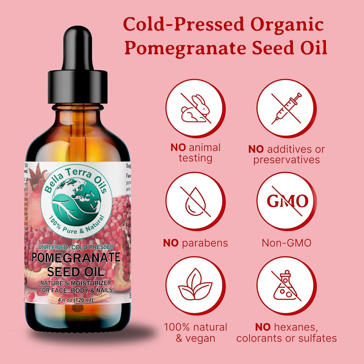 Bella Terra Oils - Organic Pomegranate Seed Oil 4 oz - A Powerhouse of Nutrients & Essential Fatty