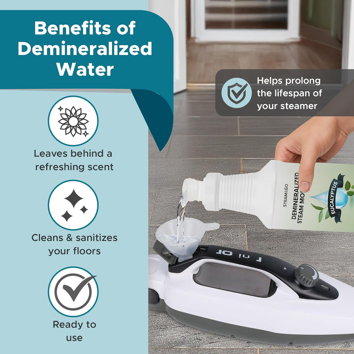 Steam & Go Demineralized Water for Steam Cleaner, PVC-Free Floor Cleaning Liquid Compatible With