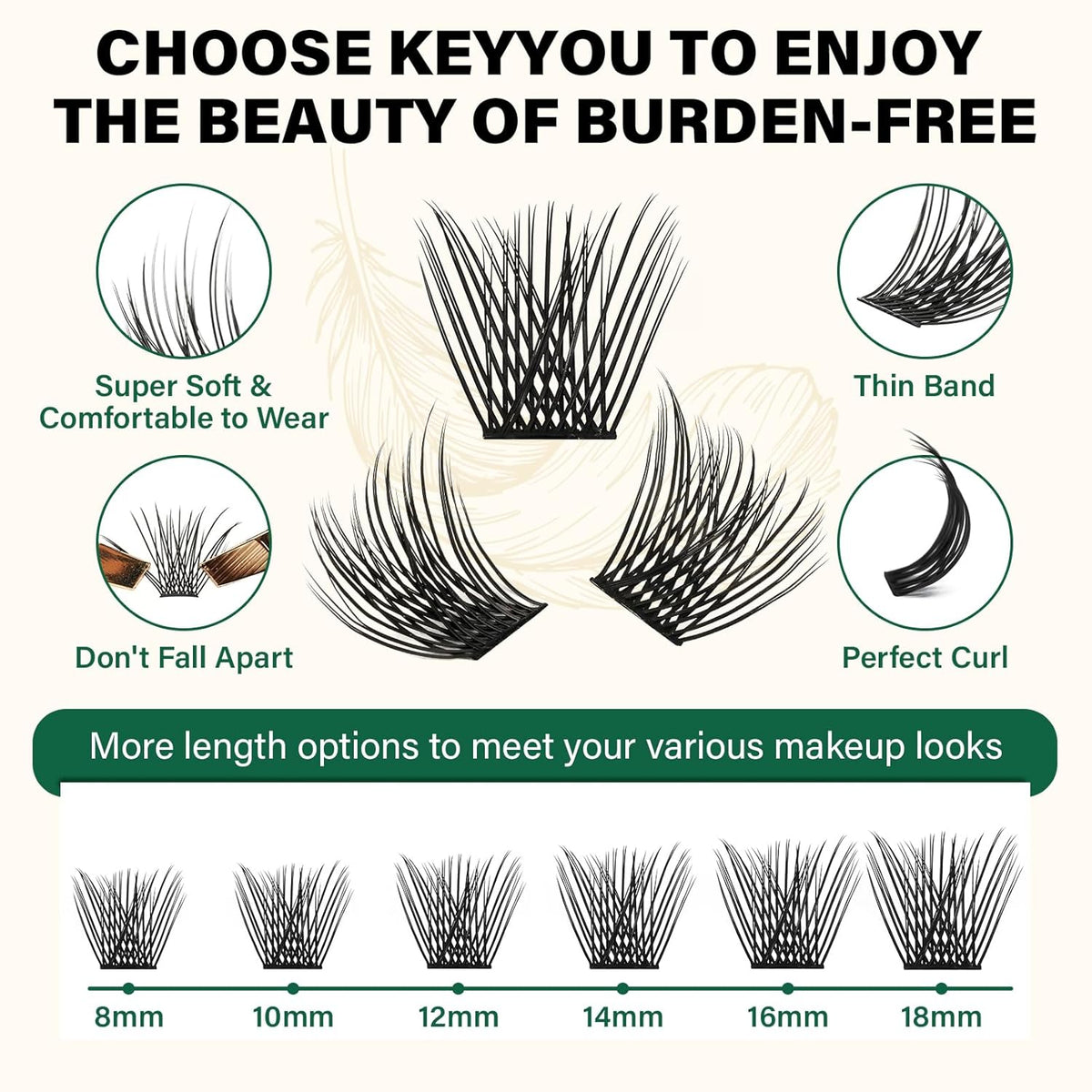KEYYOU Lash Clusters 144pcs Individual Lashes D Curl 16mm Eyelash Clusters Super Lightweight Air