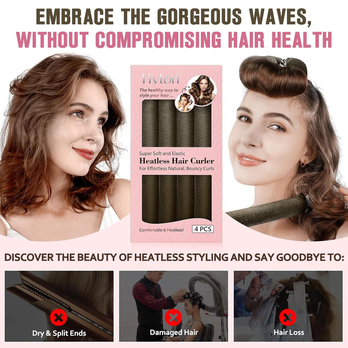 Heatless Curls Overnight, 4 Pcs No Heat Curling Blowout Rod, Satin Blowout Look Heatless Hair