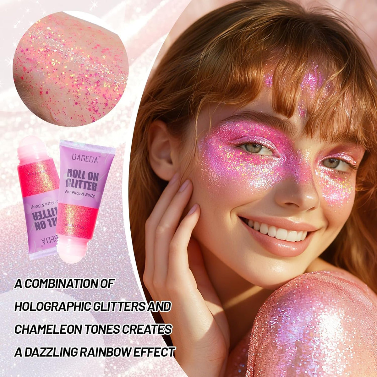 DAGEDA Roll-on Body Glitter,Holographic Eye Face Hair Glitter Gel for Festival Outfit Mermaid