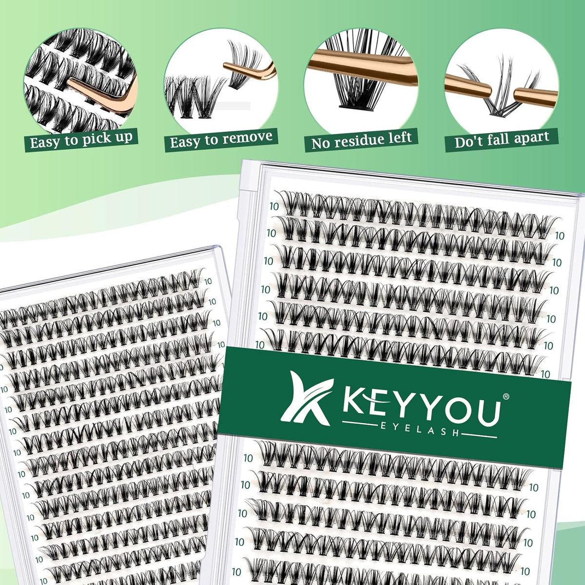 Lash Clusters 300pcs Individual Lashes 30D 0.07D Curl 10mm DIY Eyelash Extension KEYYOU Large Tray