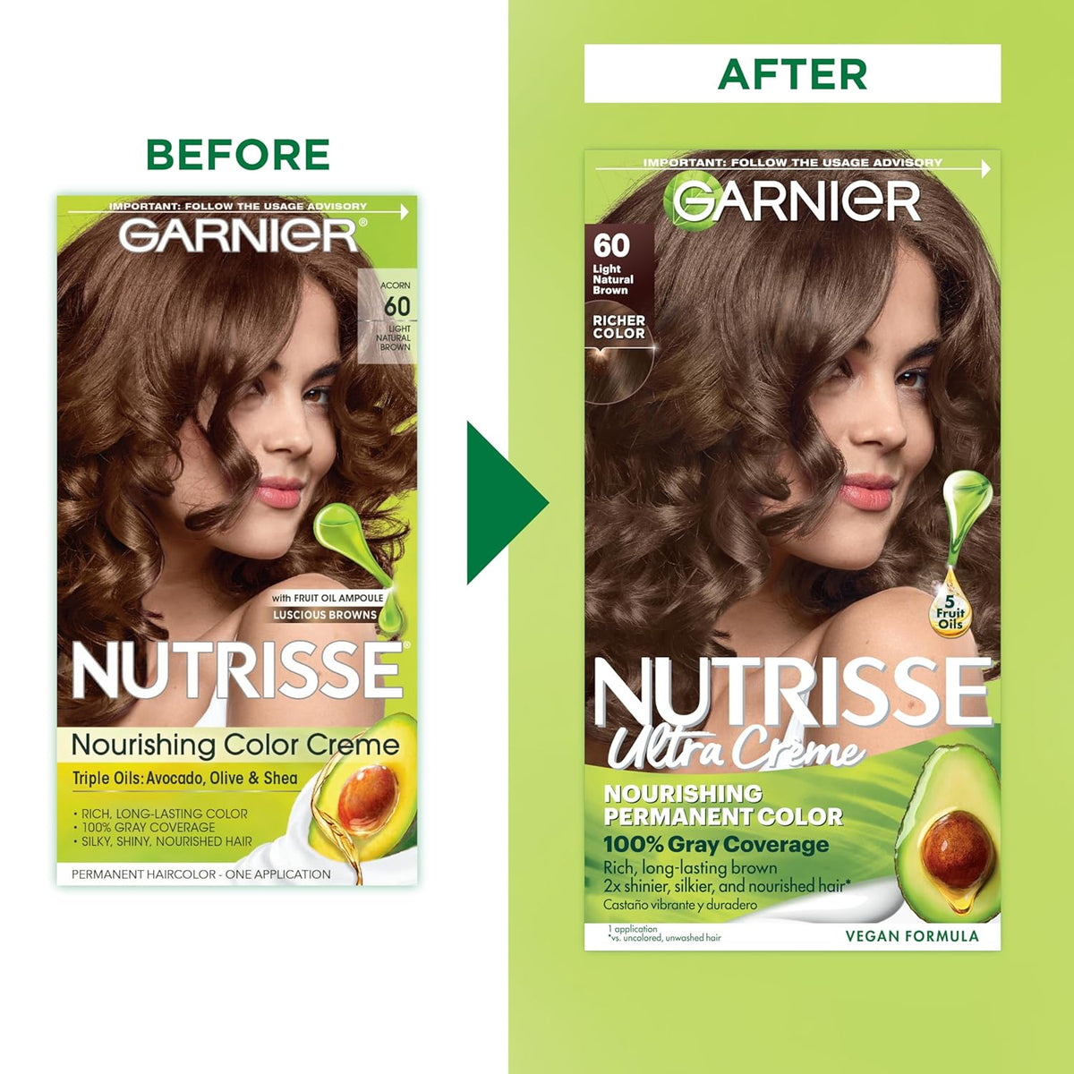 Garnier Hair Color Nutrisse Nourishing Creme, 60 Light Natural Brown (Acorn) Permanent Hair Dye, 2
