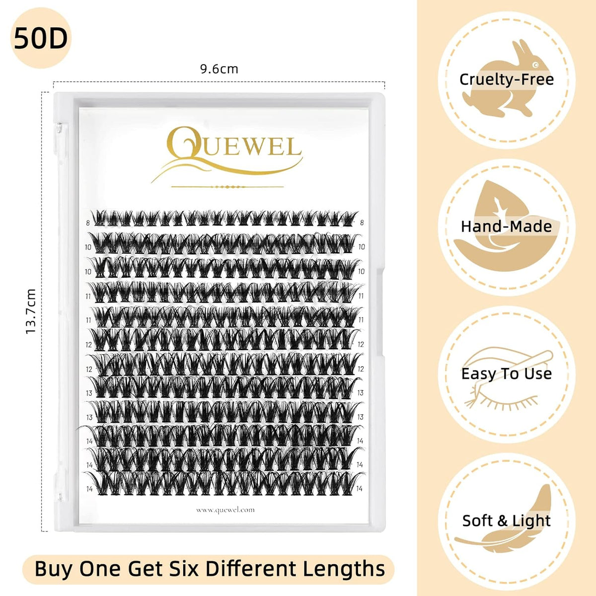 QUEWEL Cluster Lashes 240Pcs Individual Lashes 50D 0.07 C Curl Mix8-14mm Lash Extensions Clusters