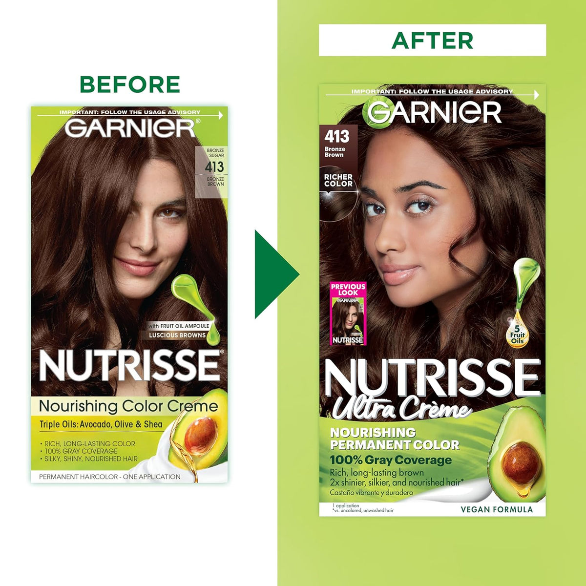 Garnier Hair Color Nutrisse Nourishing Creme, 413 Bronze Brown (Bronze Sugar) Permanent Hair Dye, 1