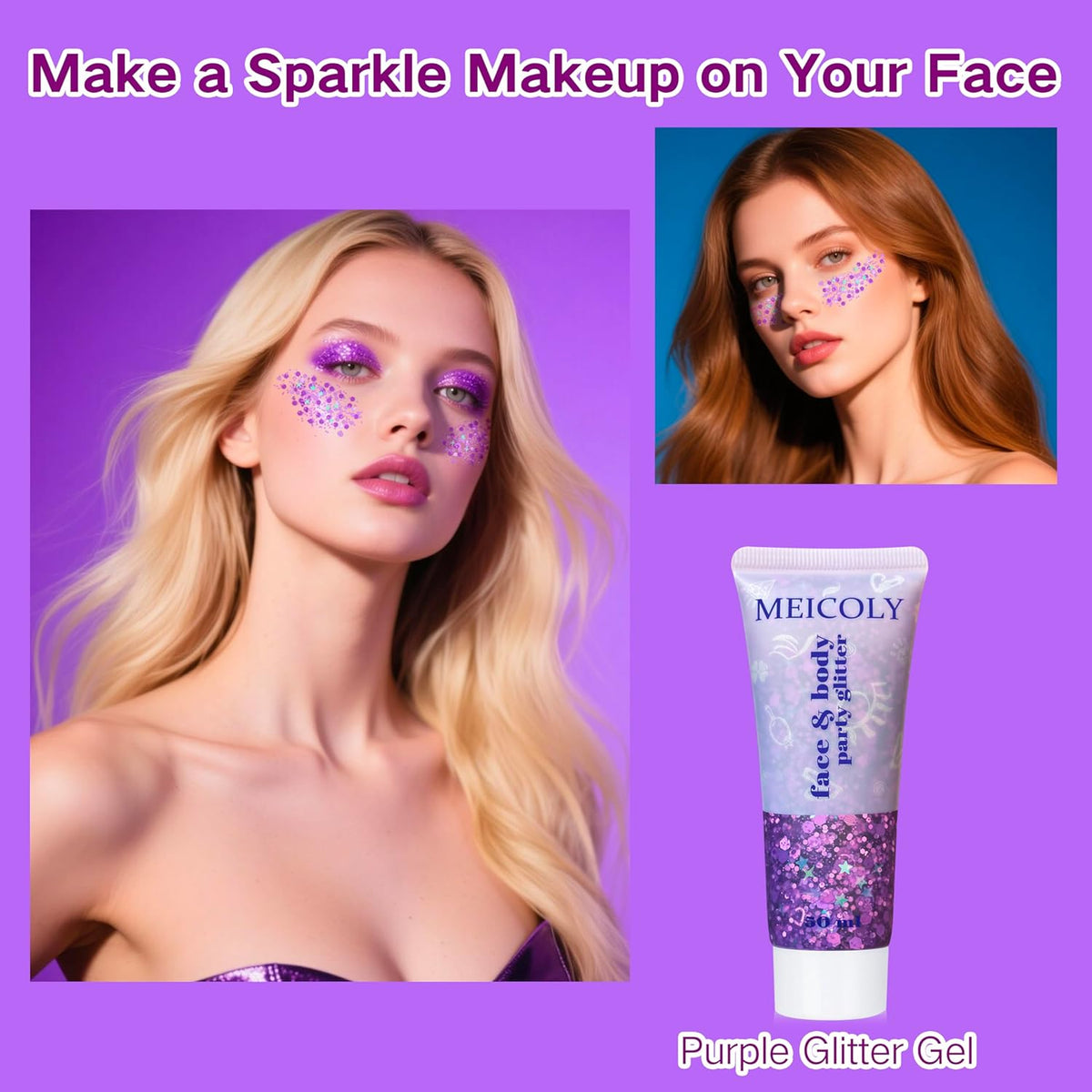 MEICOLY Purple Face Body Glitter,Mermaid Sequins Hair Glitter Makeup,Sparkly Face Glitter for Women