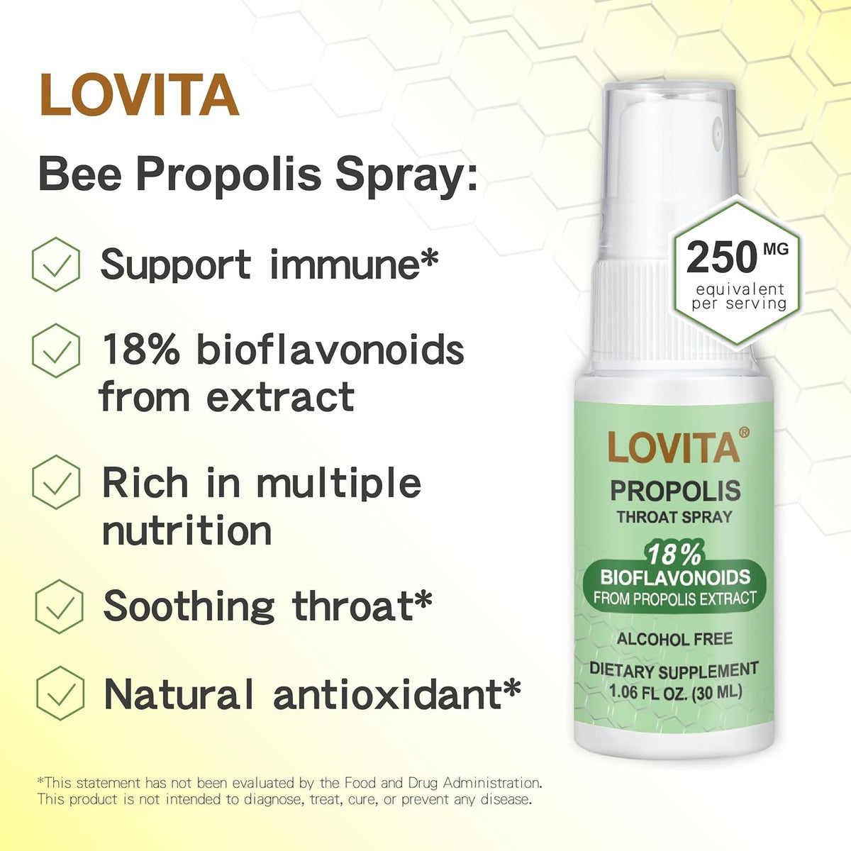 Lovita Bee Propolis Throat Spray, 18% Bioflavonoids, Alcohol-Free, Immune Support, Throat Soothing