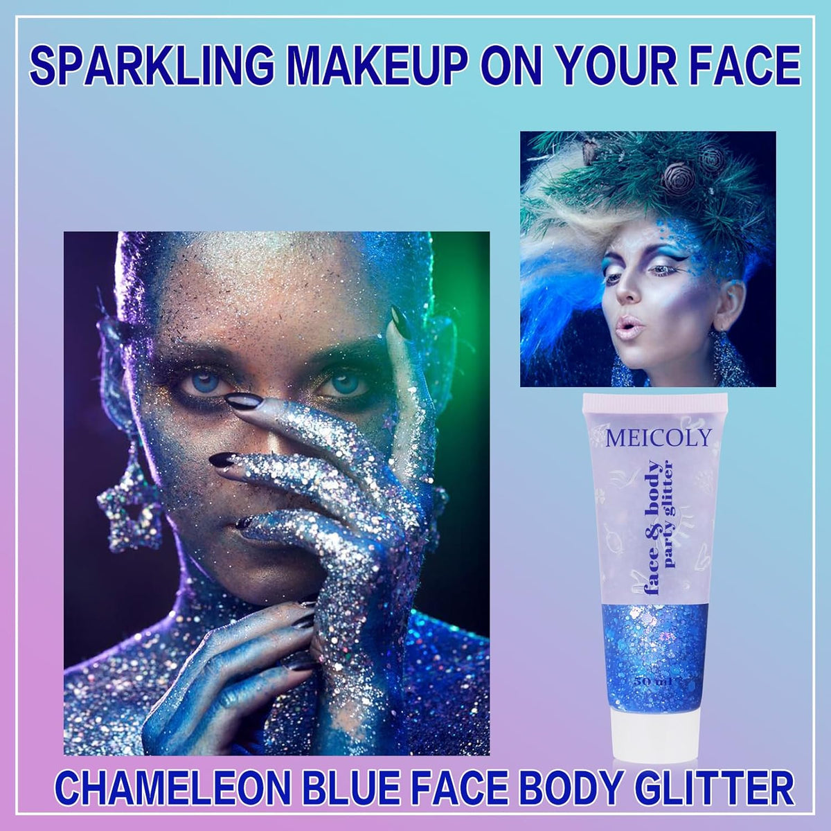 MEICOLY Chameleon Blue Body & Face Glitter Gel, Color Changing Mermaid Sparkle for Concerts &