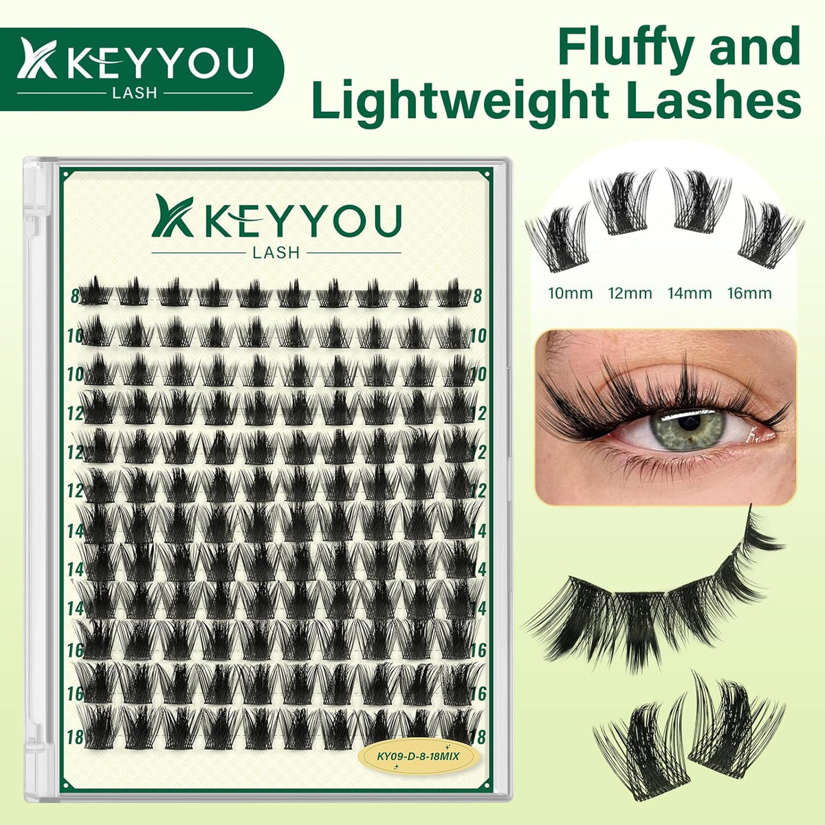 KEYYOULASH Lash Clusters Manga Lash Extension D Curl 120pcs 8-18mm Wispy Eyelash Clusters Natural