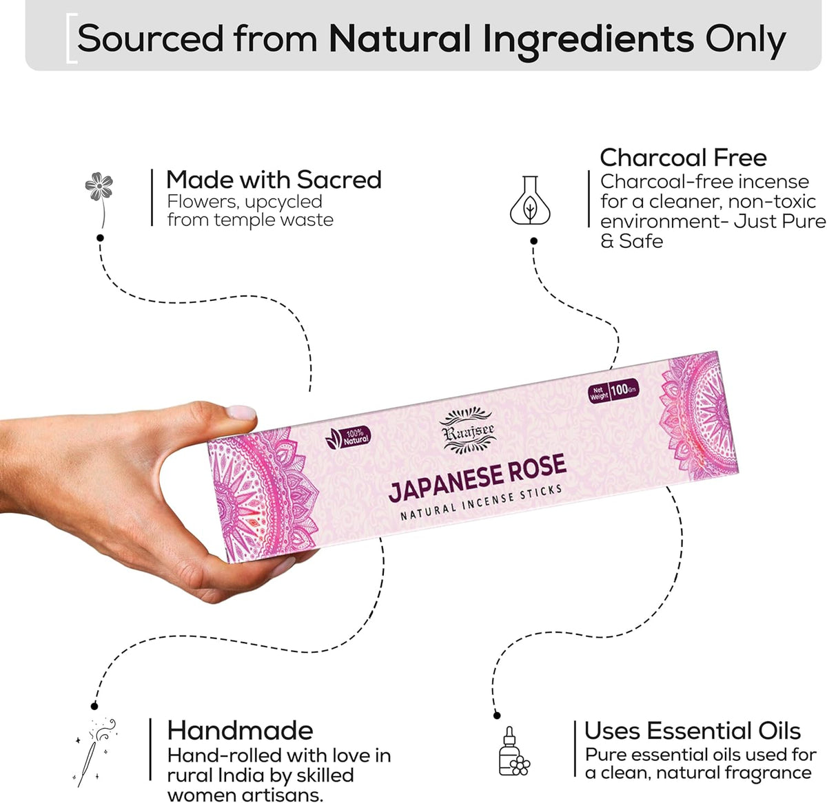 Raajsee Japanese Rose Incense Sticks (180 gm), 100% Pure Organic Natural Hand Rolled Free from