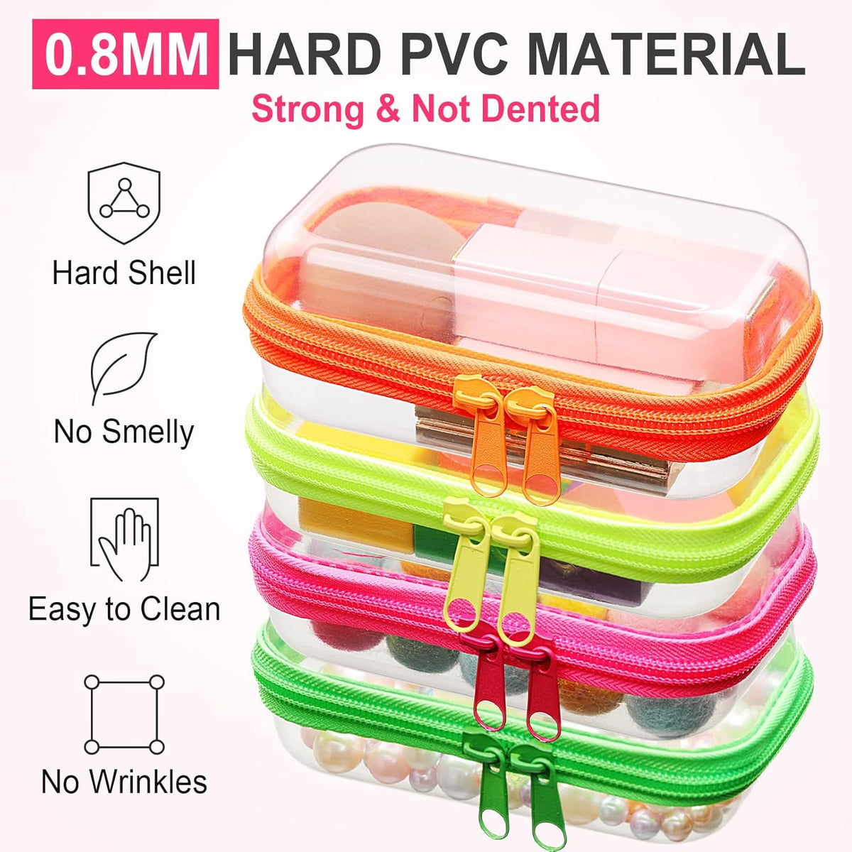 Hoolerry 4 Pcs Hard Clear Zipper Case Makeup Bags Plastic Pencil Pouch Transparent Storage Box