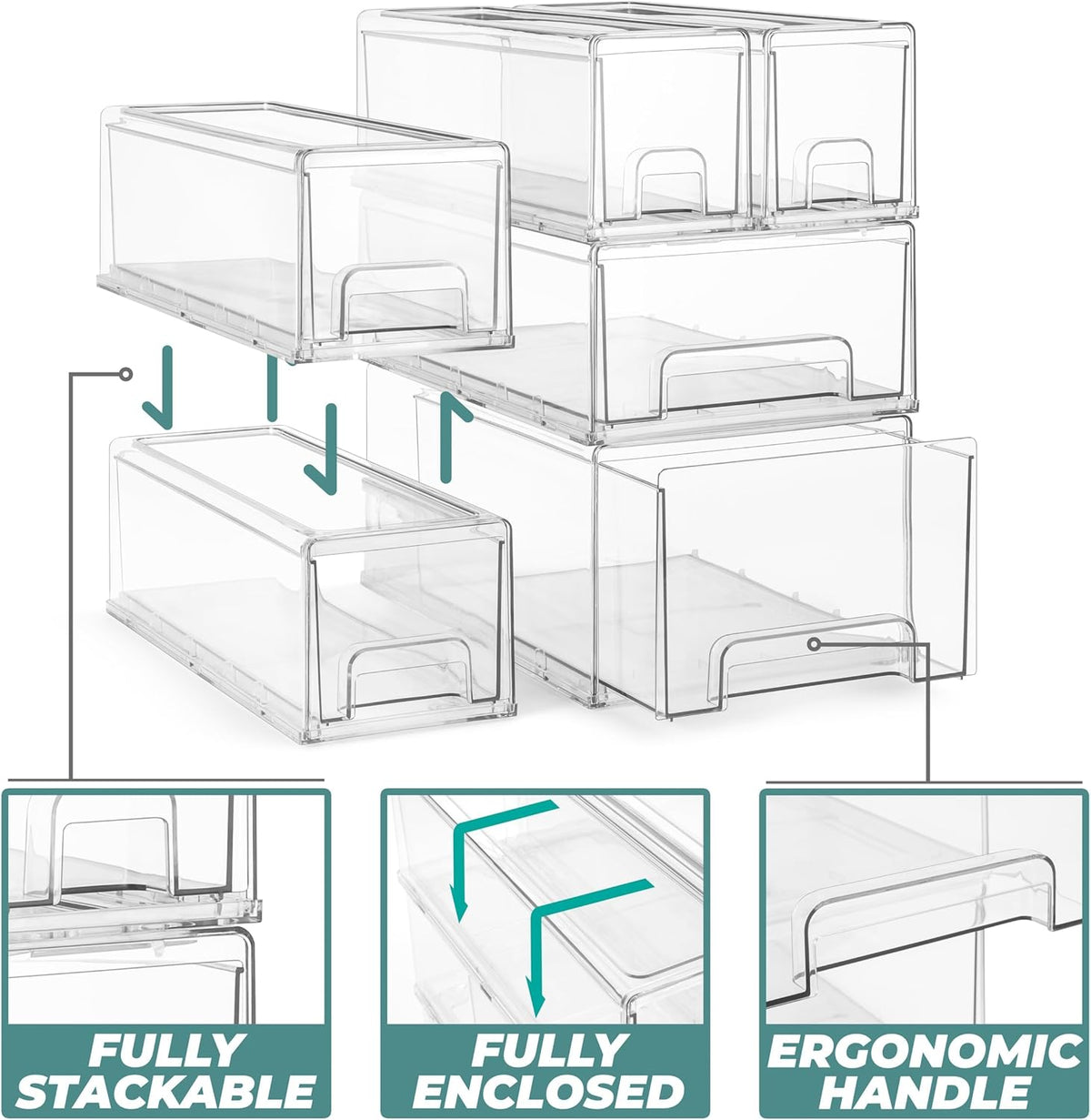Sorbus Small Clear Stackable Storage Drawers – 4-Pack Plastic Organizer Bins with Handles