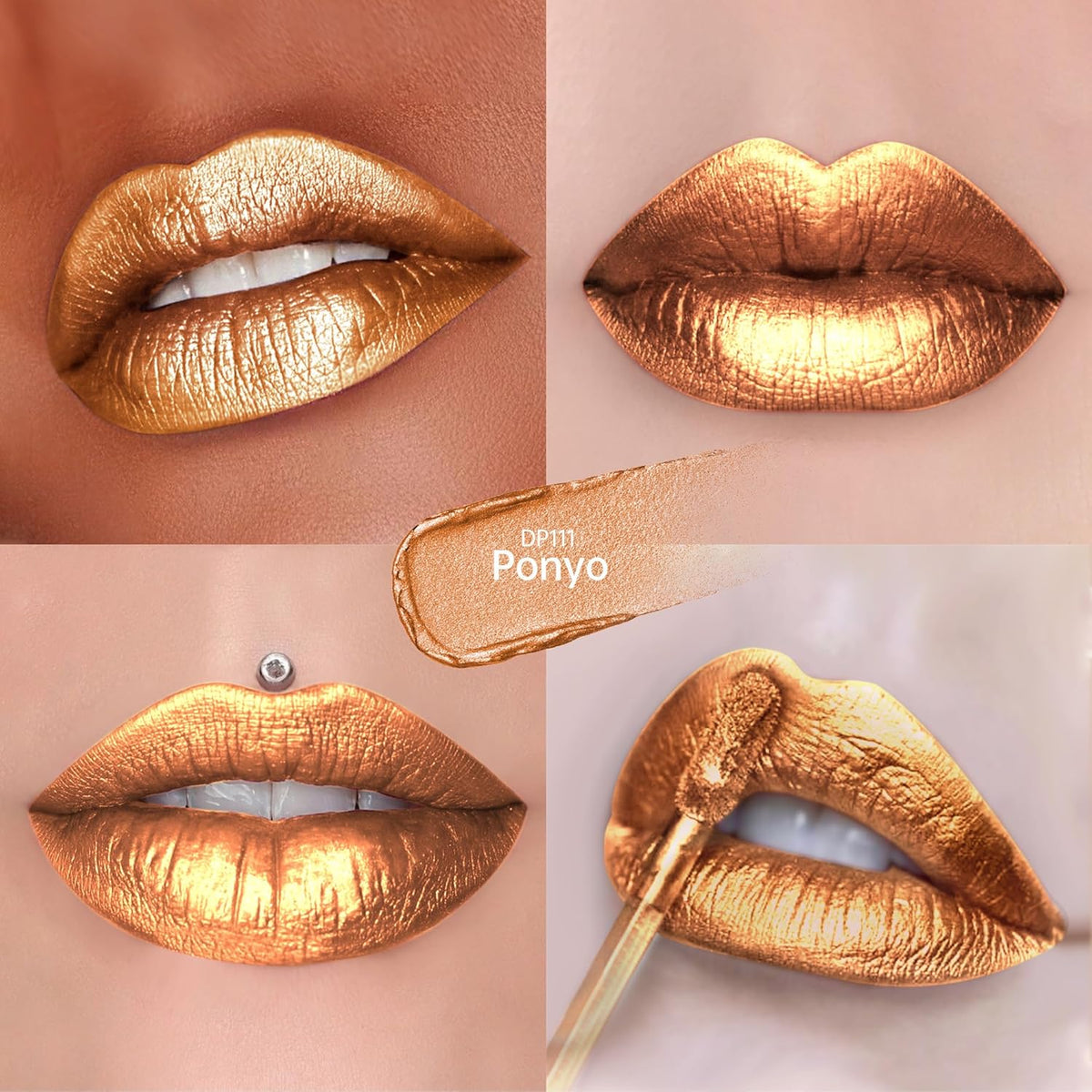Gold Lipsticks for Women Metallic Lipstick Long Lasting Non Stick Cup Lip Gloss, Shimmer
