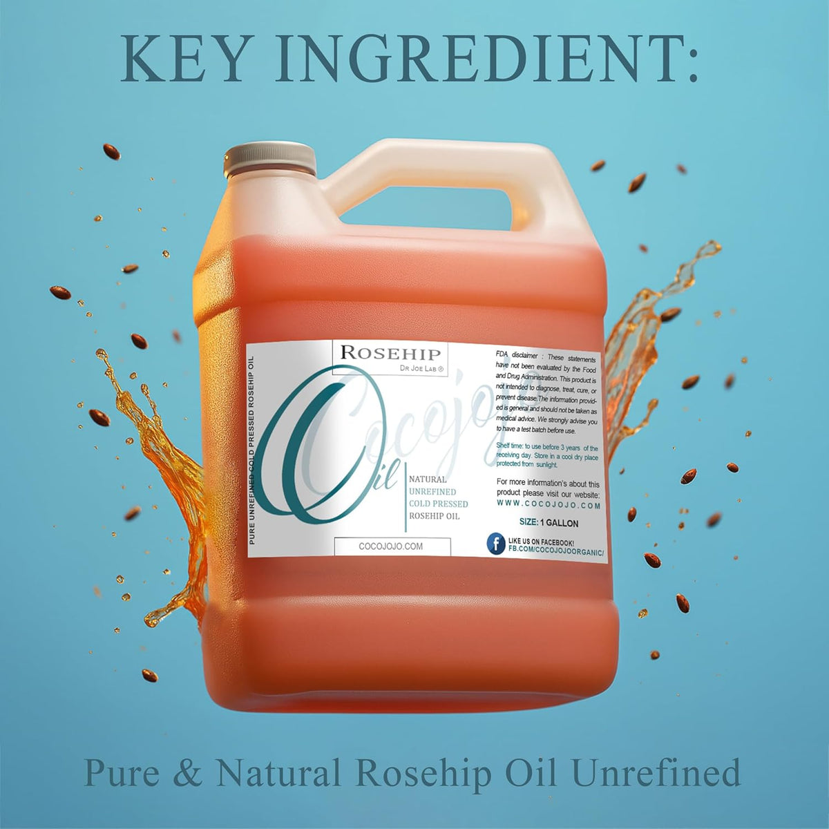 Dr Joe Lab Rosehip Oil - Bulk 128 oz 1 Gallon - Pure Unrefined Cold Pressed Natural Vegan Non GMO