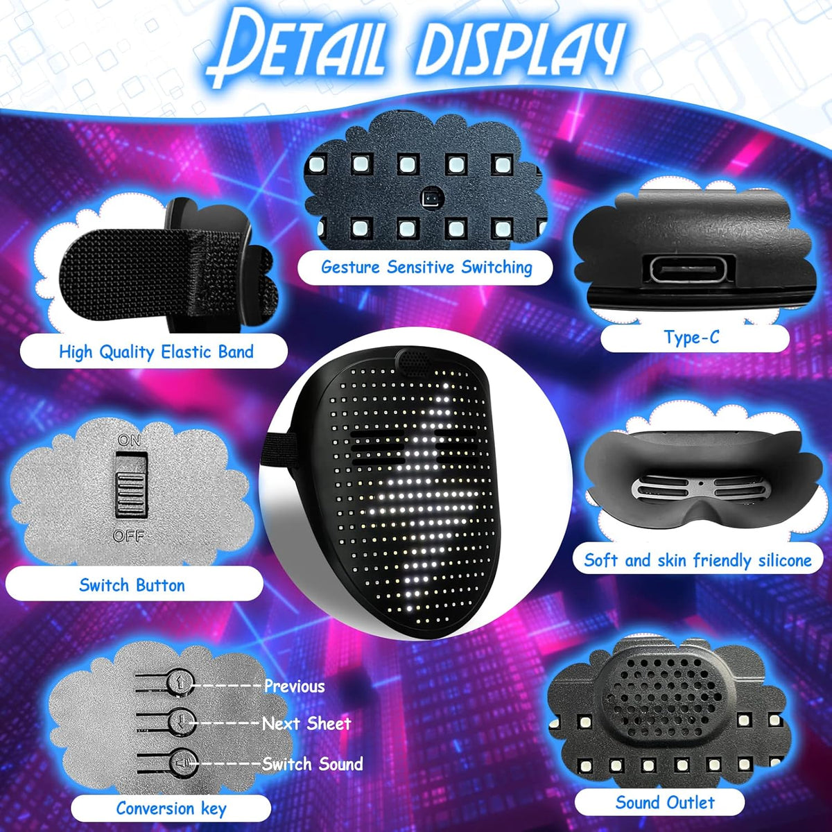 Depointer Life Led Mask with Gesture Sensing,Unisex LED Lighted Face Transforming Mask for Costume