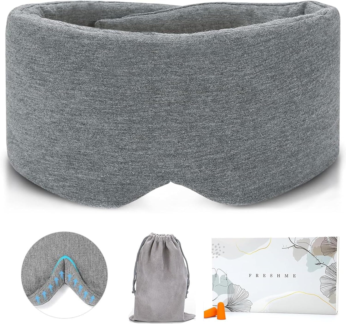 FRESHME Deluxe Cotton Sleep Mask Gift Set - 100% Blackout Large Comfortable Blindfold Adjustable