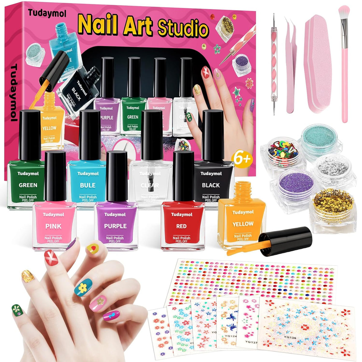 Tudaymol Nail Polish Set for Kids - Water-Based Peelable Polish-8 Colors with Glitter, Gems
