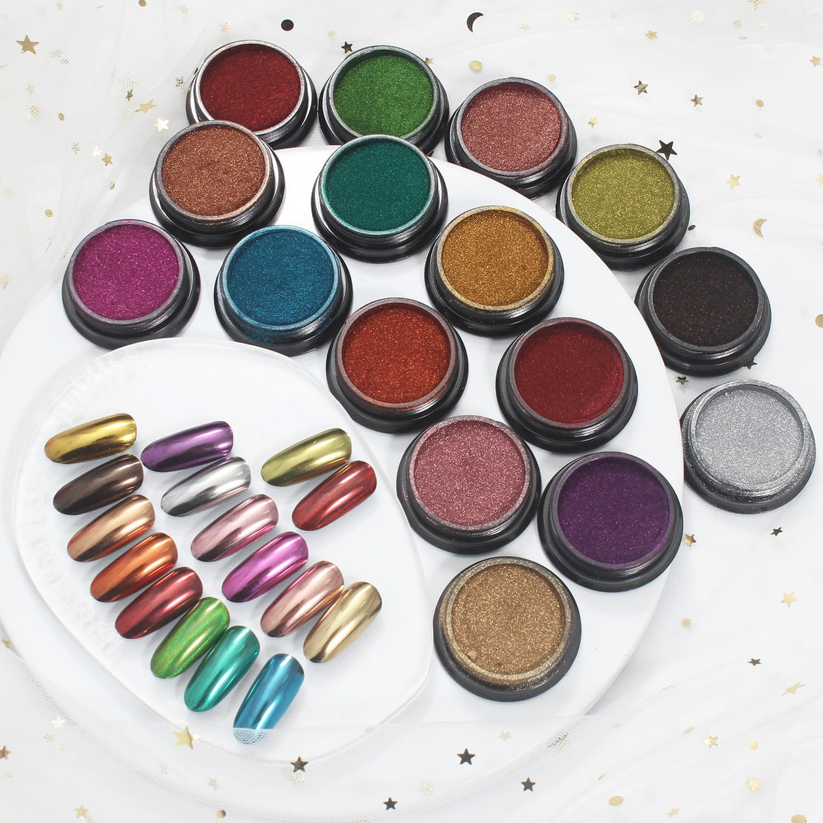 Artdone 16 Jars Chrome Nail Pearl Powder Silver and Gold Mirror Iridescent Aurora Metallic Nail