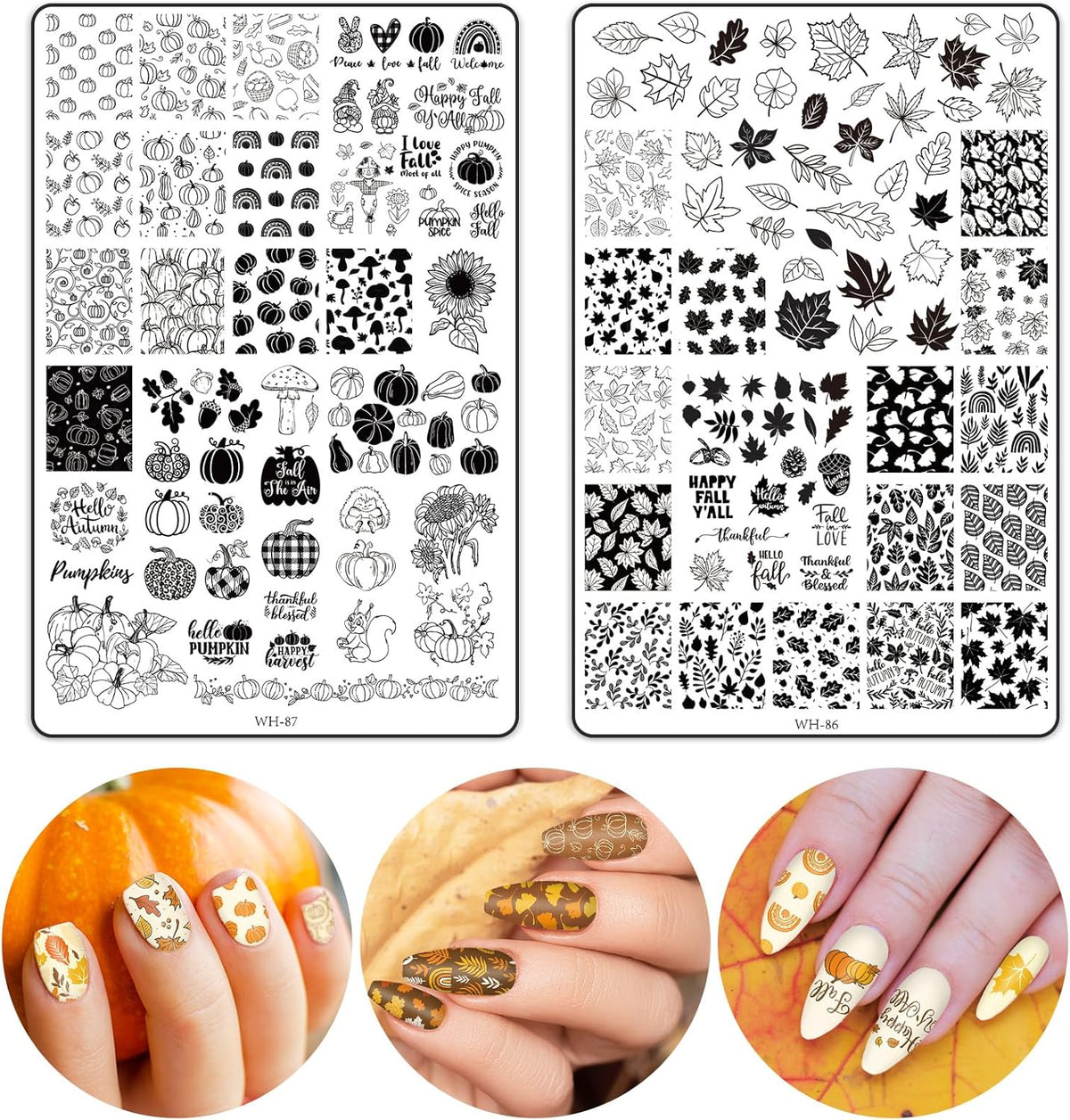 2 Sheet Fall Thanksgiving Nail Art Stamping Plate Kit Assorted Pumpkins Maple Leaves Autumn